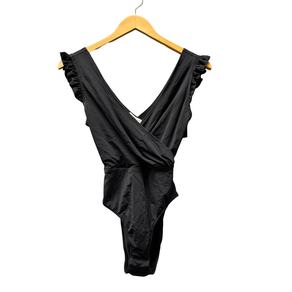 Amanda Uprichard Bodysuit Womens Small Ruffle Black Cutout Back Chic Designer